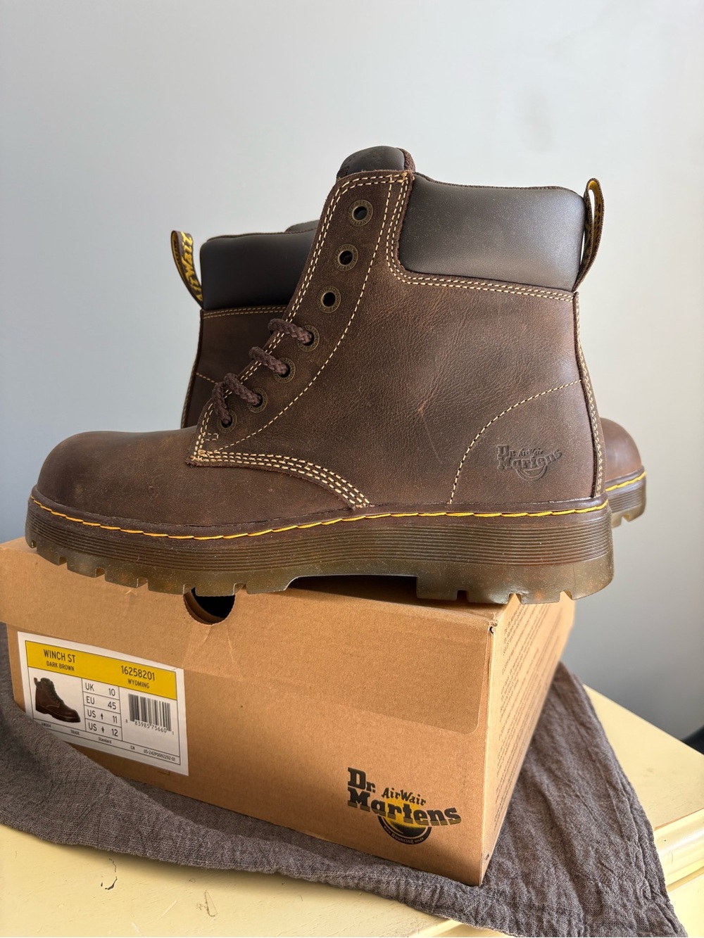 Dr. Martens Brown Leather Lace-Up Ankle Boots with Yellow Stitching